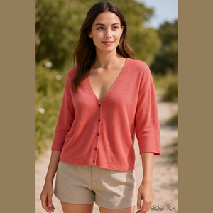 Eileen Fisher linen cardigan three quarter sleeve Size 1X coral Lagenlook